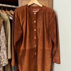 Danier Chestnut Brown Suede-Effect Round-Neck Coat